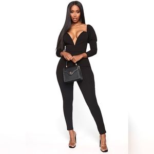 Off the shoulder deep V black jumpsuit